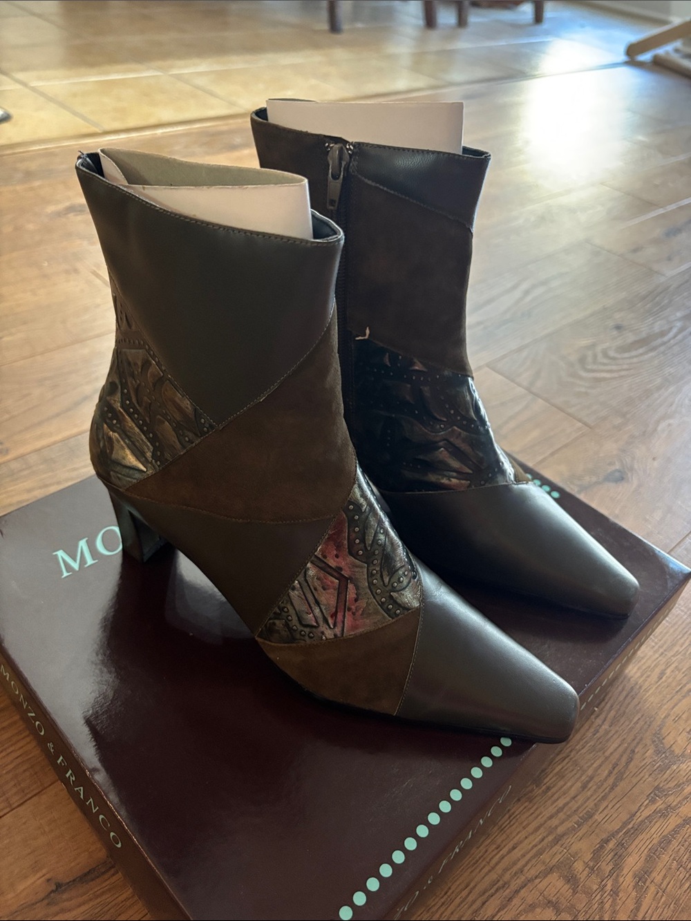 Patchwork Brown Leather & Suede Ankle Boots with Decorative Insets
